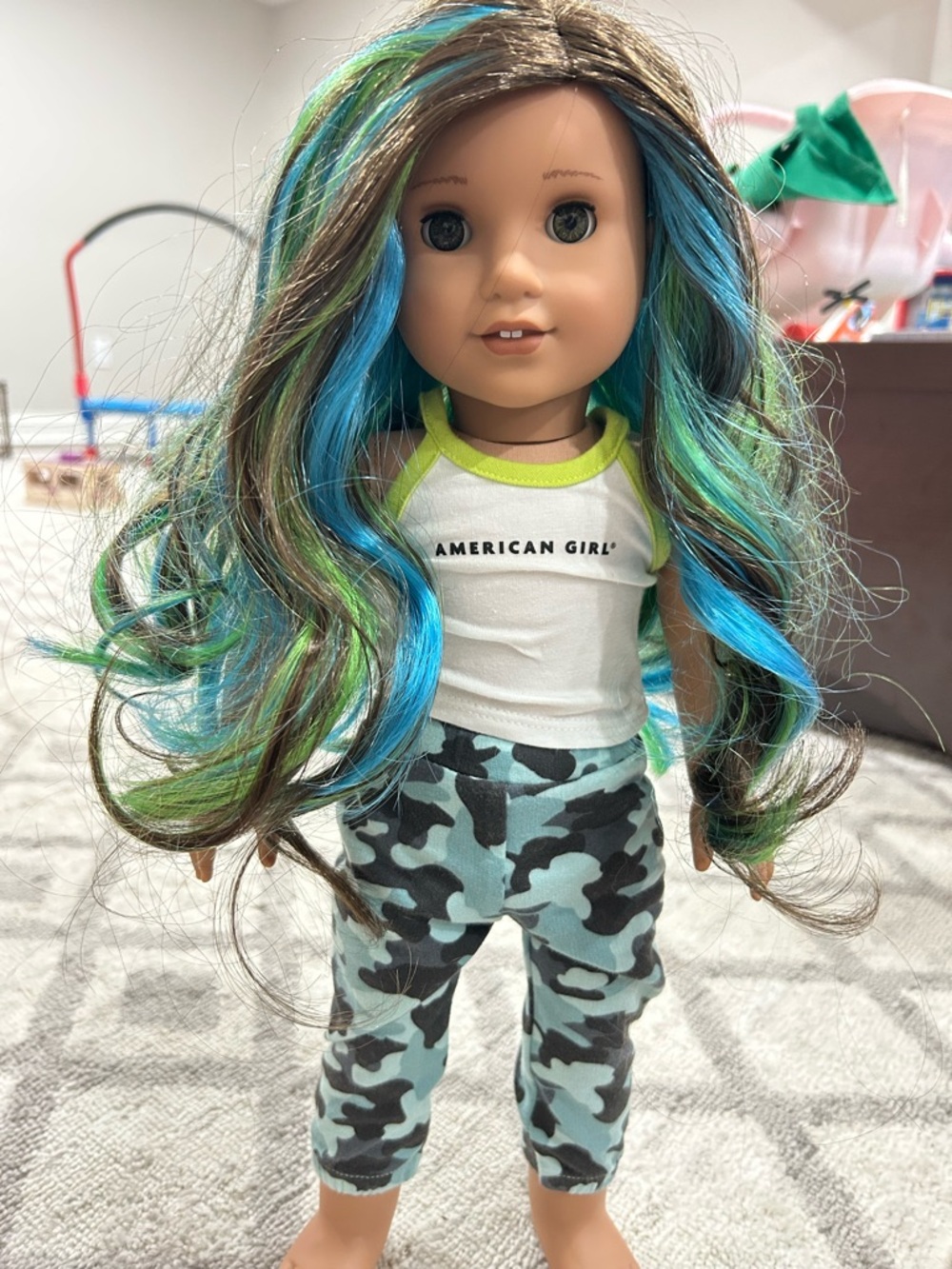 American Girl Truly Me Doll Outfit with Blue and Green Hair Streaks